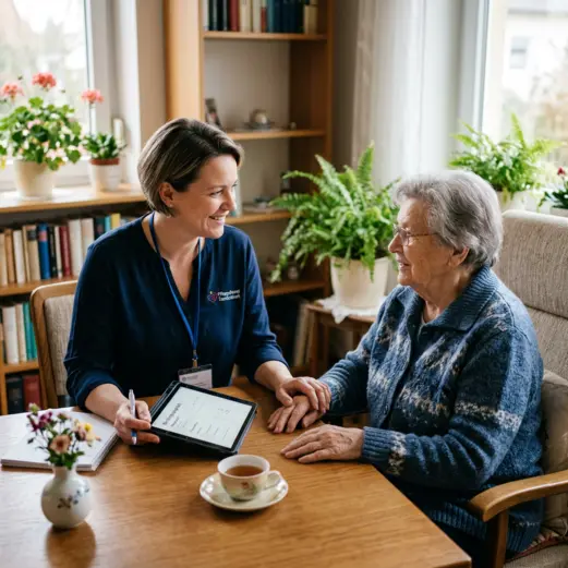 Zwei Frauen sitzen an einem Holztisch, eine hält ein Tablet und hält die Hand der anderen, im Hintergrund Pflanzen und Bücherregal Zwei Frauen sitzen an einem Holztisch, eine hält ein Tablet und hält die Hand der anderen, im Hintergrund Pflanzen und Bücherregal
