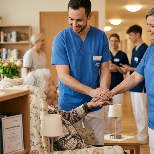 Pflegekr&auml;fte in blauen Kitteln halten die H&auml;nde einer &auml;lteren sitzenden Frau in einem Wohnraum mit weiteren Personen im Hintergrund